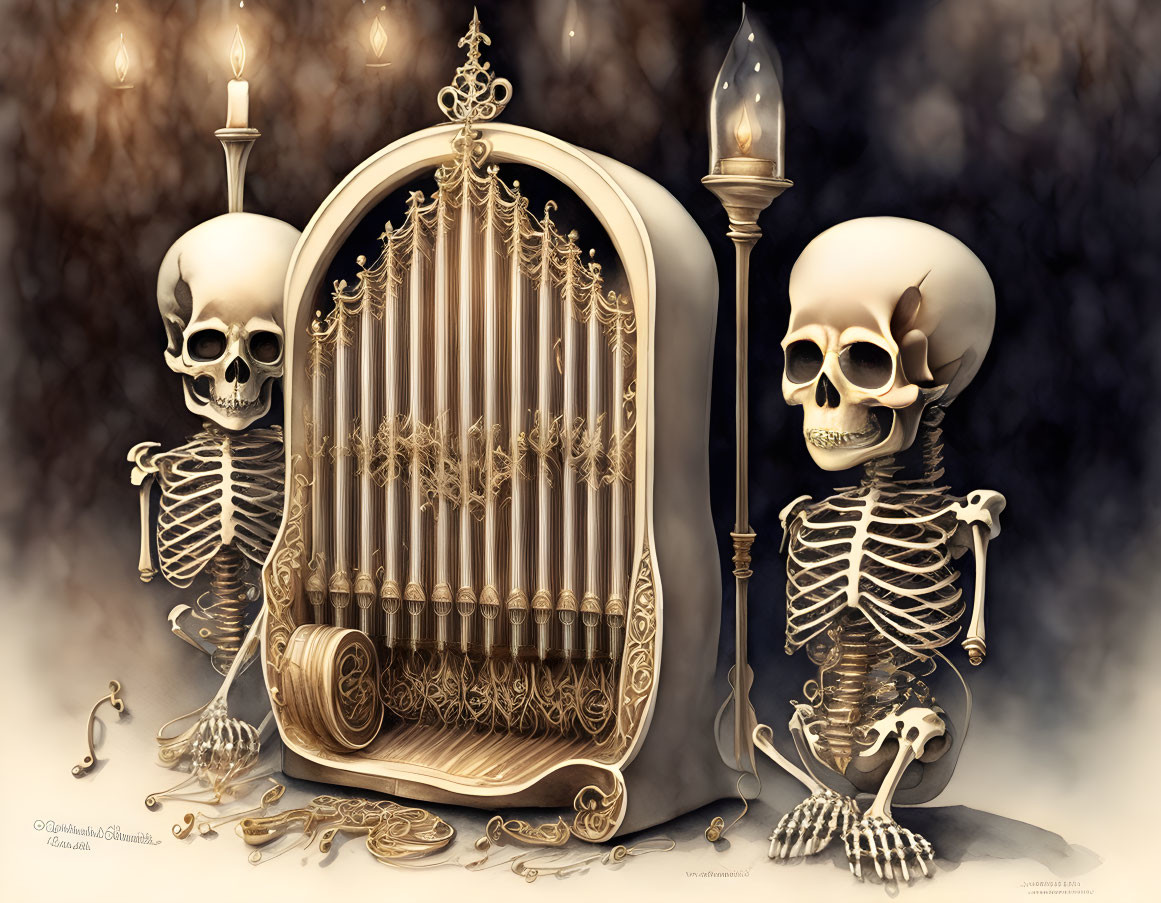 Skeletons with baroque harp, candles, chains, and gears in dark setting