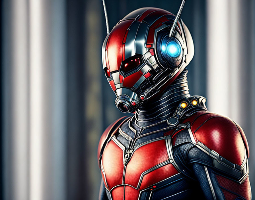 Detailed Illustration of Red and Silver Armored Suit with Glowing Blue Eyes