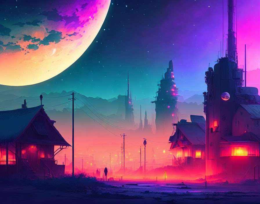 Vibrant sci-fi cityscape with large moon and neon lights