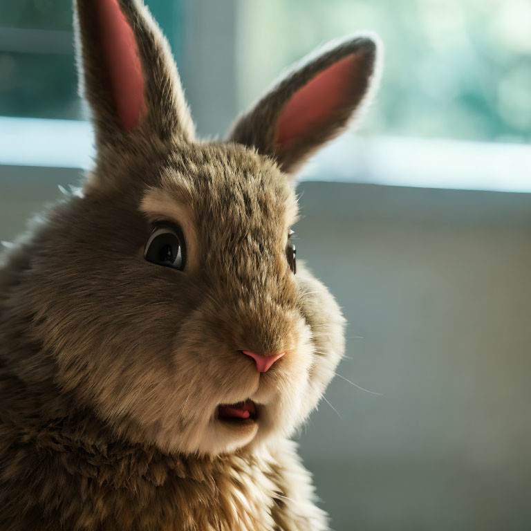 Realistic bunny with expressive eyes and pink nose on light background