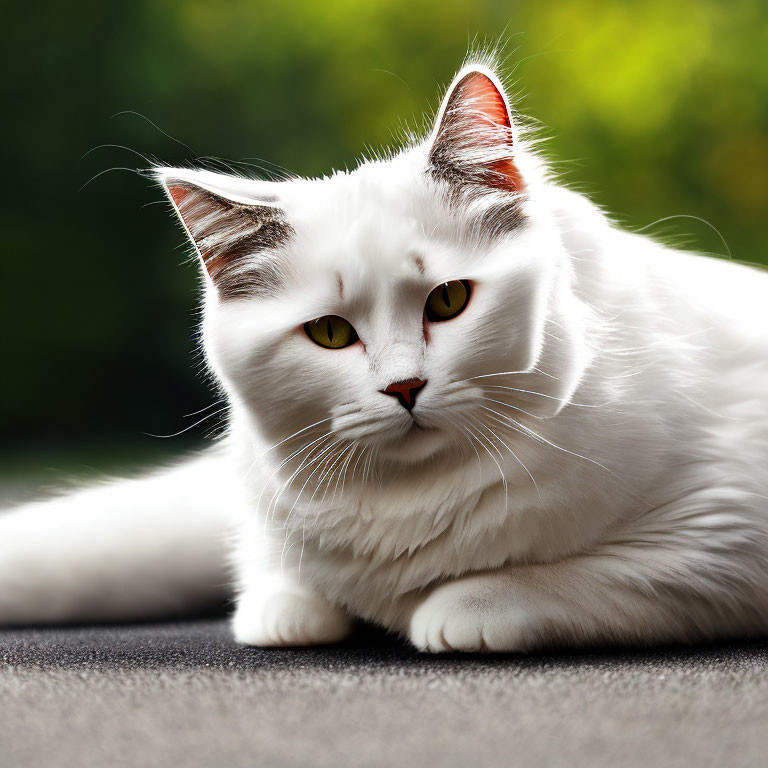 White Cat with Yellow Eyes and Soft Fur Coat on Green Background