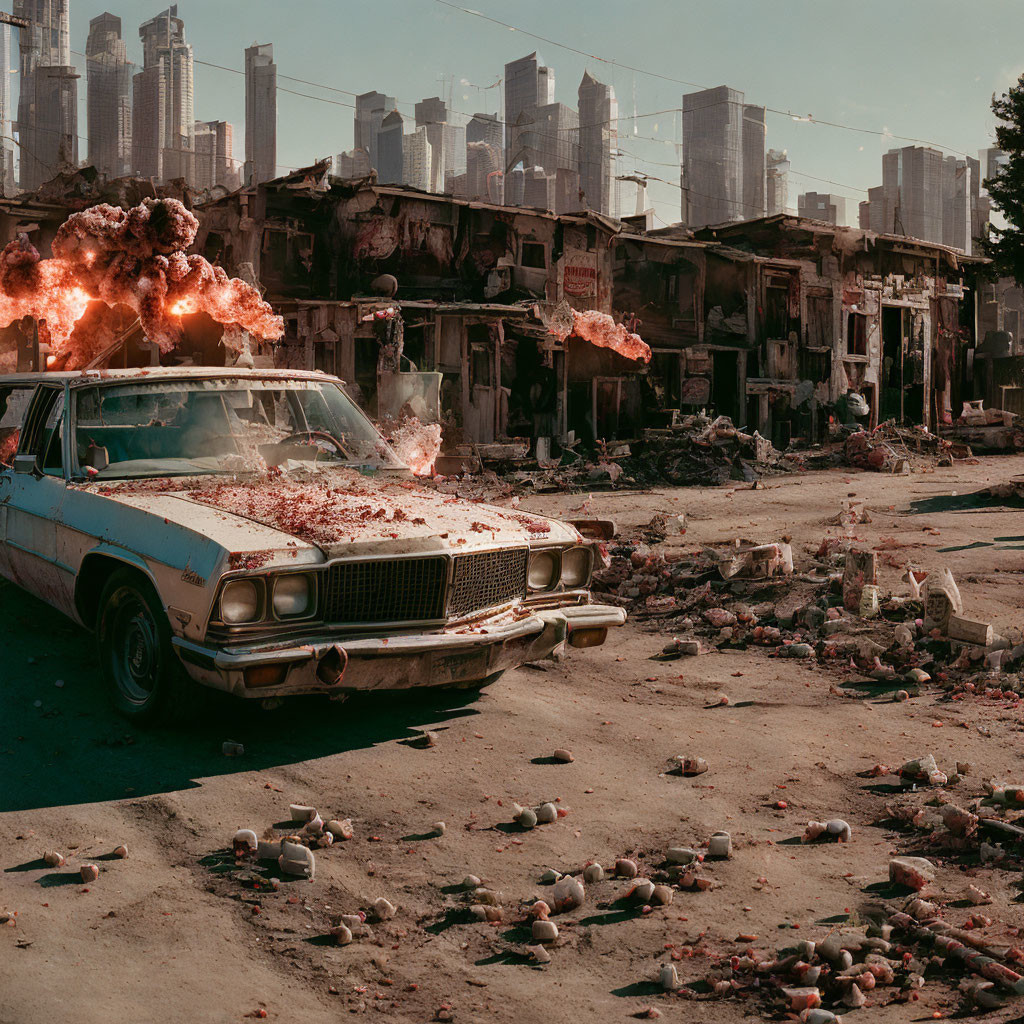 Abandoned car in debris-filled street with burning buildings and hazy sky