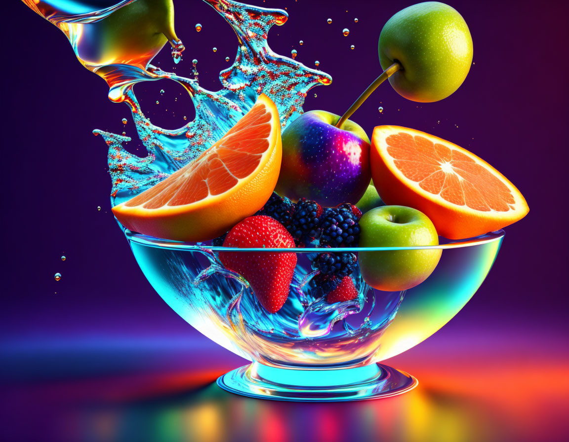 Colorful Fruit Bowl with Splashing Water on Purple Background