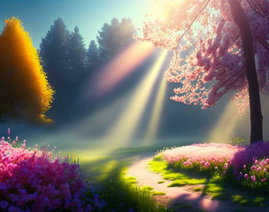 Spring landscape with blooming flowers and sun rays filtering through trees