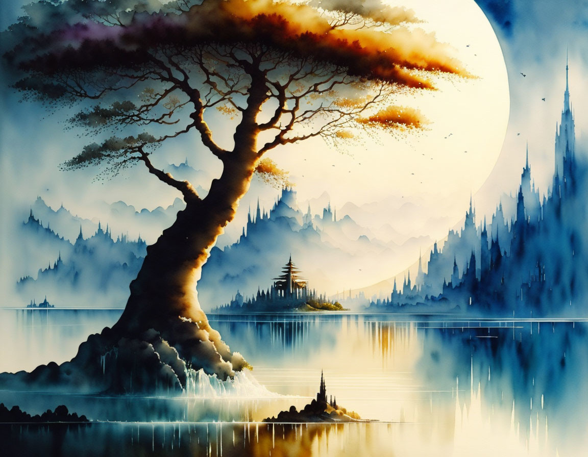 Surreal landscape with large tree, misty mountains, spires, and moon reflected in water