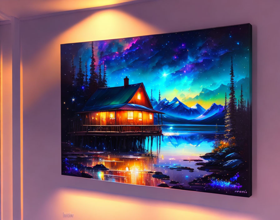 Luminous cabin by lake under starry night sky wall art