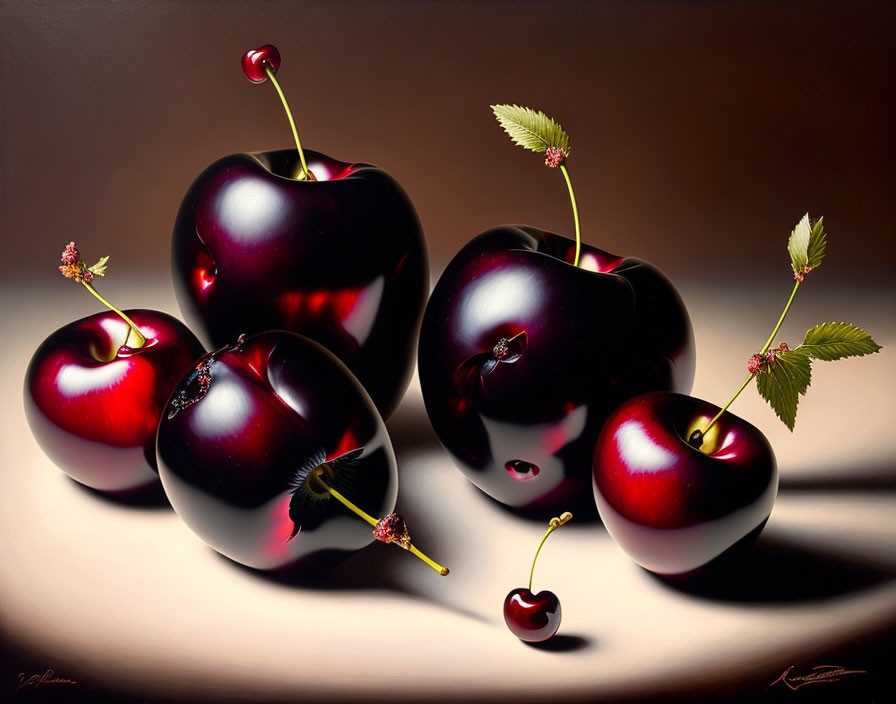 Hyperrealistic Painting of Ripe Cherries on Muted Background