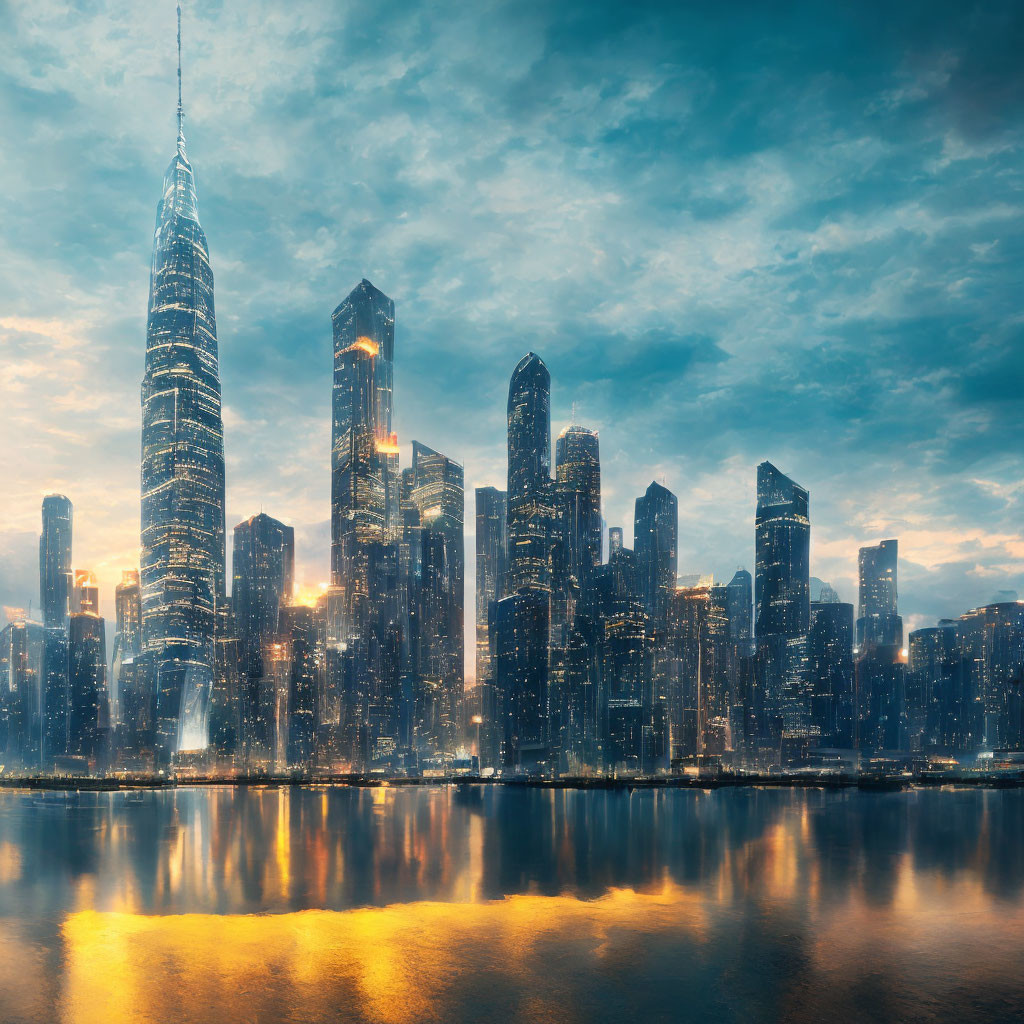 City skyline at dusk: illuminated skyscrapers reflected on calm water