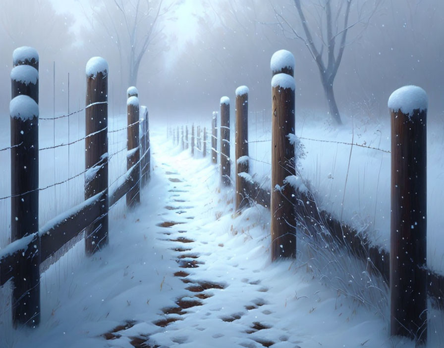 Snow-covered pathway with wooden fence posts and misty trees in serene winter scene