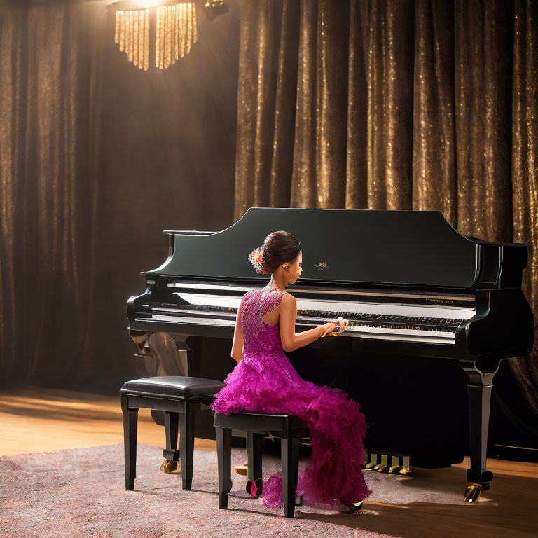 Woman in Purple Dress Playing Grand Piano in Elegant Room