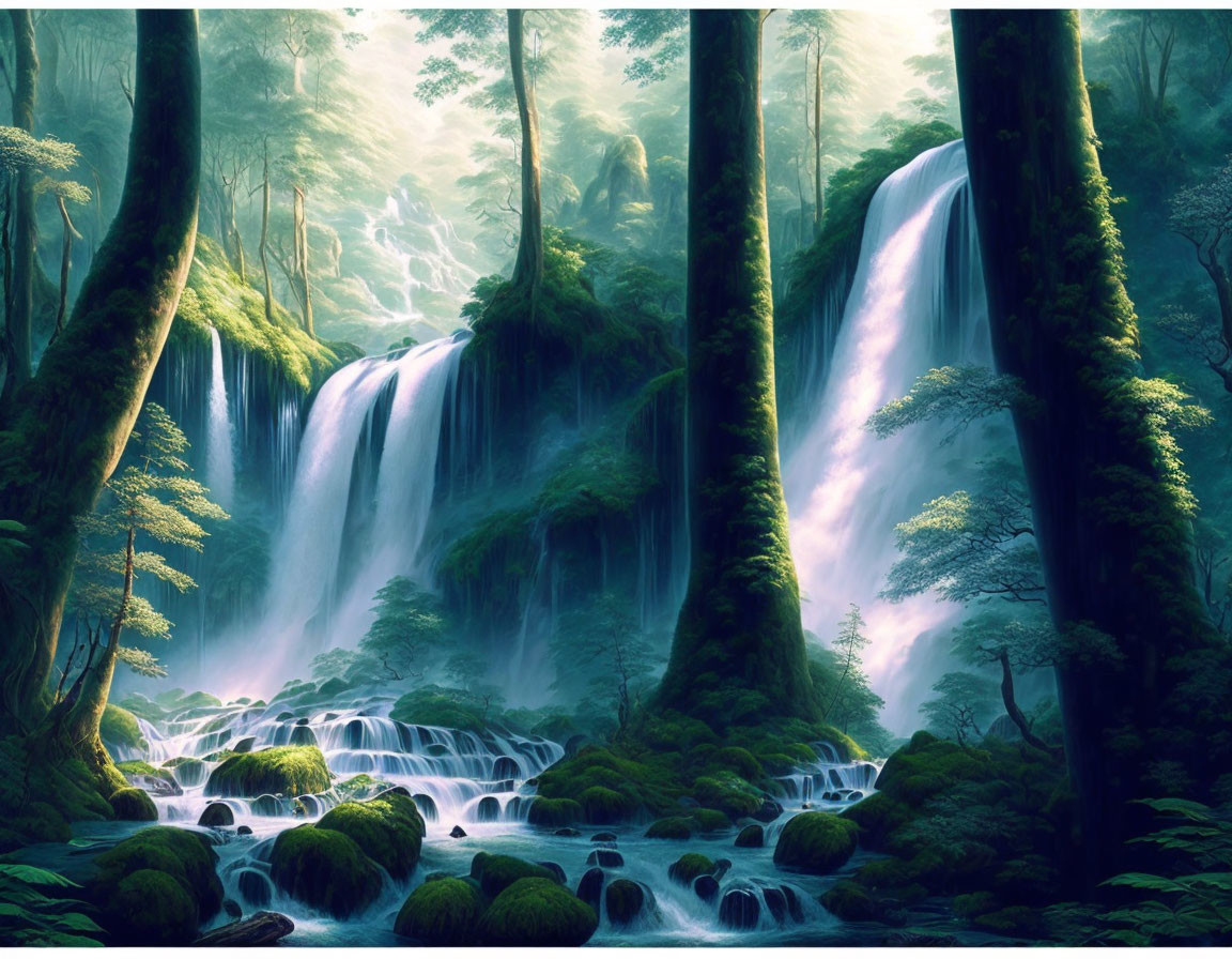 Tranquil Forest Scene with Waterfalls and Sunlight