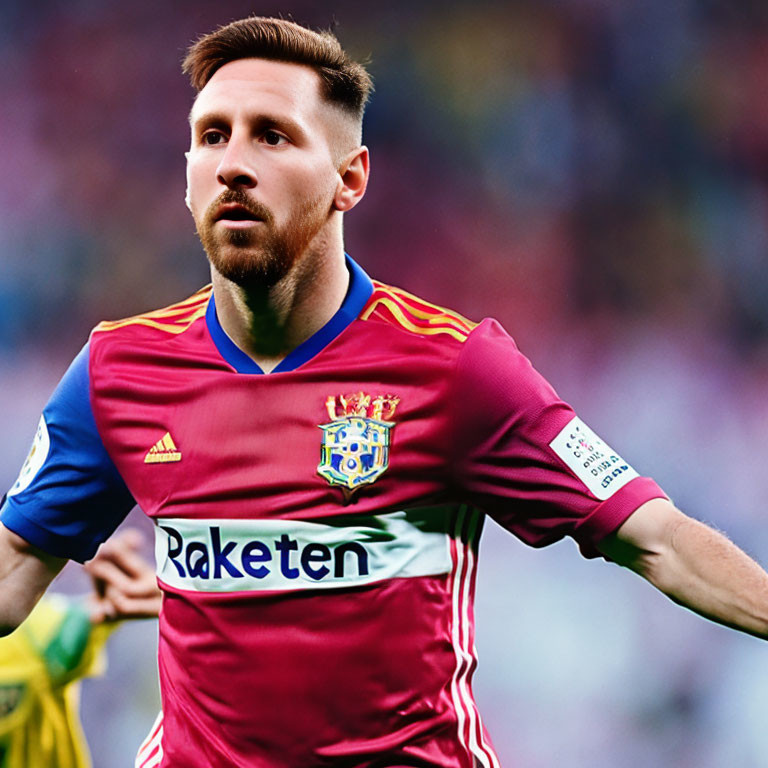 Soccer player in maroon and blue striped kit with "Rakuten" emblem in mid-action