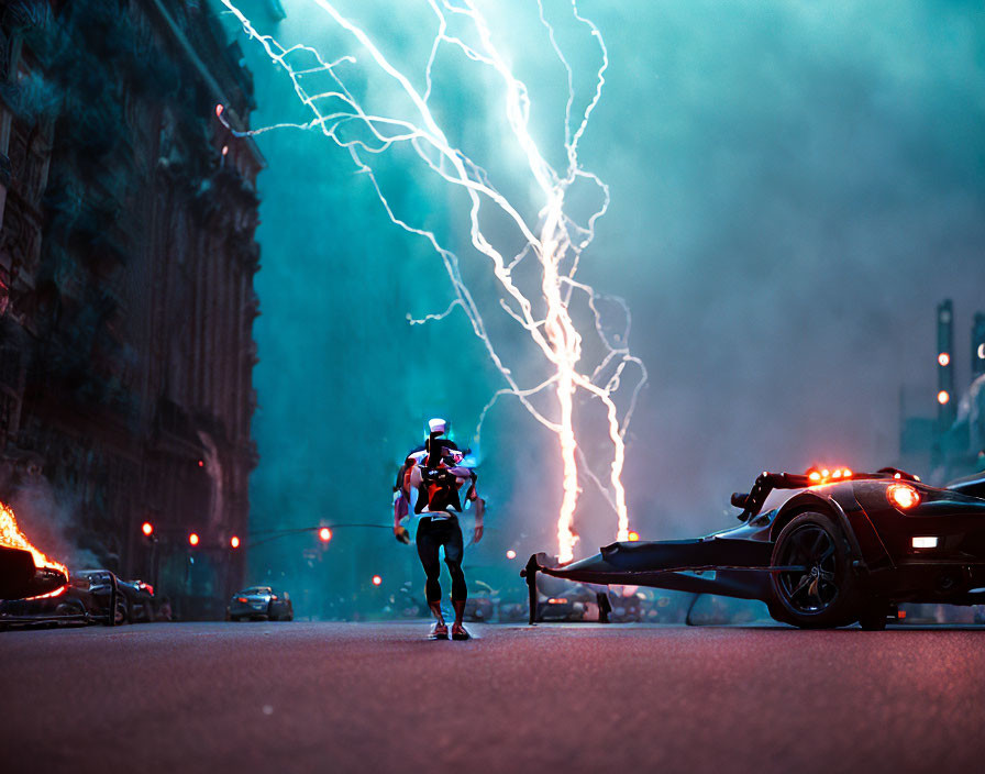 Futuristic cityscape with running figure, high-tech armor, black car, and lightning strike