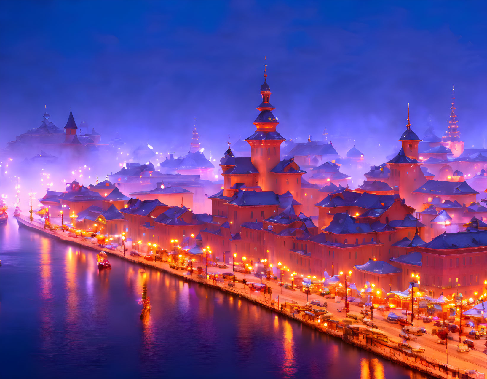 Night Scene of Fairytale-Like Town with Illuminated Buildings by River