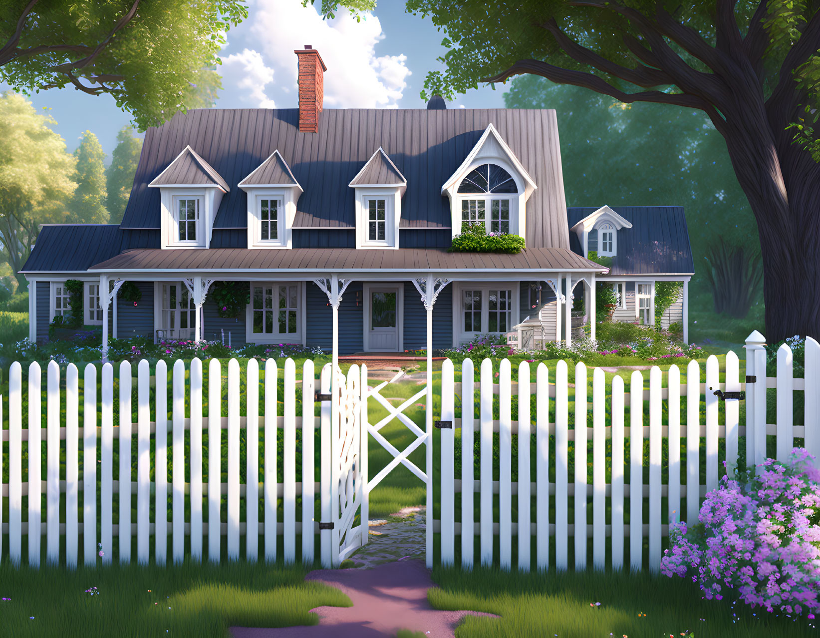 Blue two-story house with white trim, picket fence, brick pathway, and purple flowers