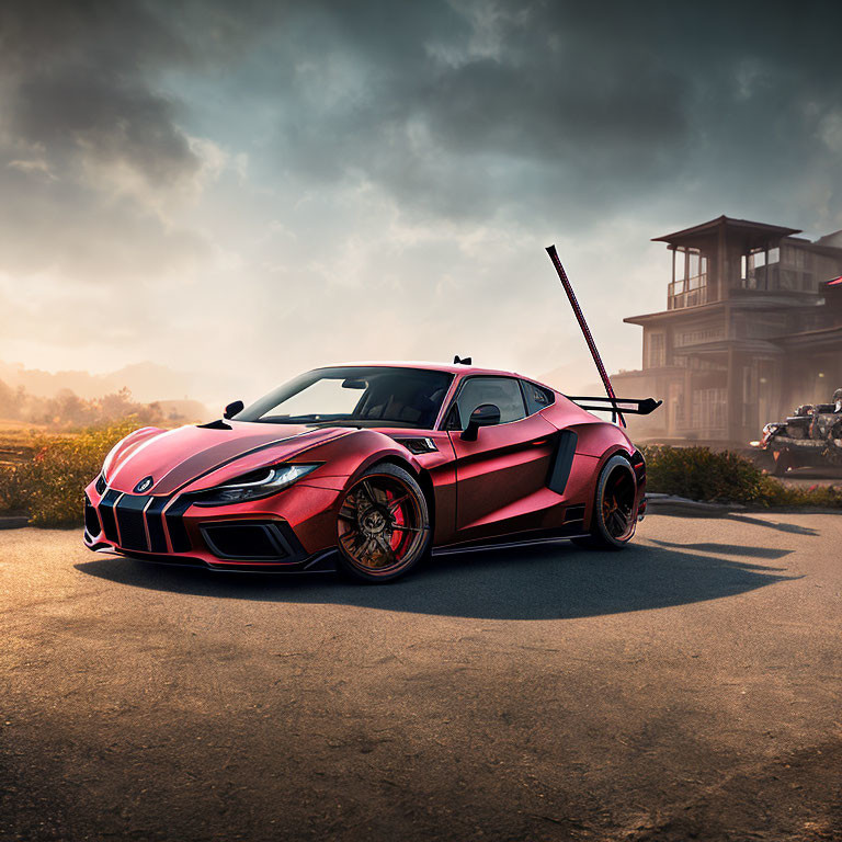 Red and black sports car with large rear wing parked at sunset