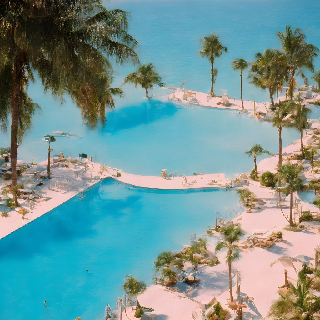 Tropical Resort Pool with Palm Trees and Ocean View