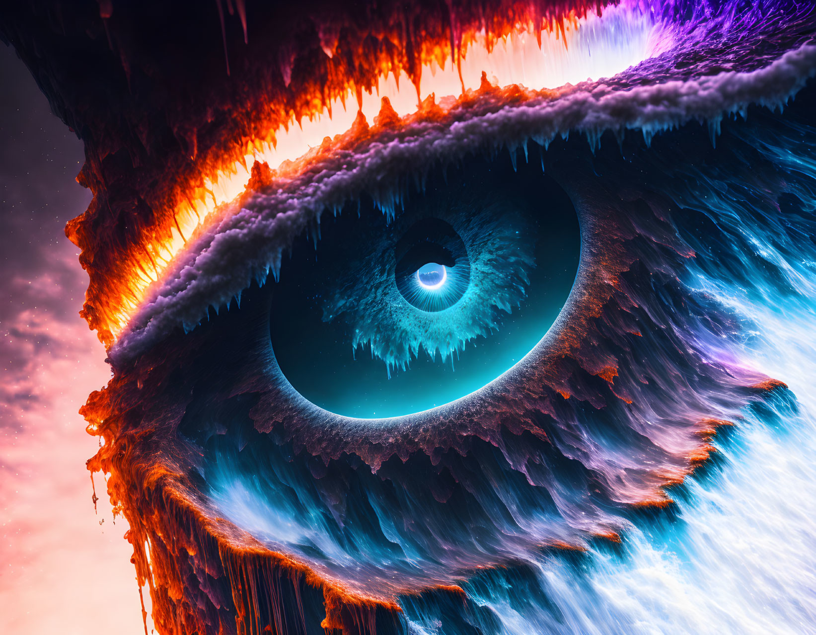 Colossal surreal eye with cosmic backdrop