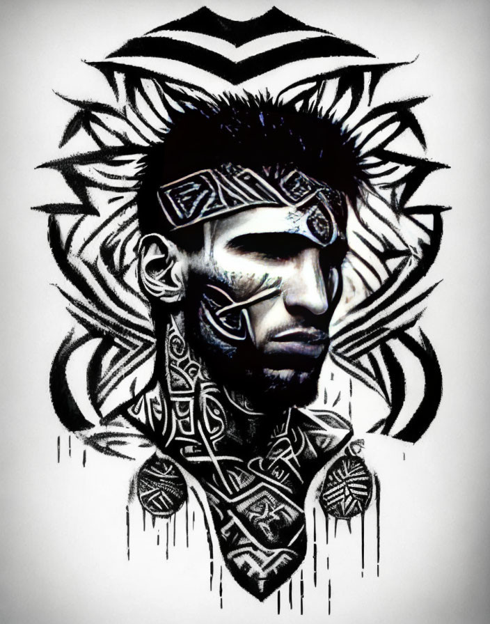 Monochromatic tribal portrait of a man with intense gaze and tattoos