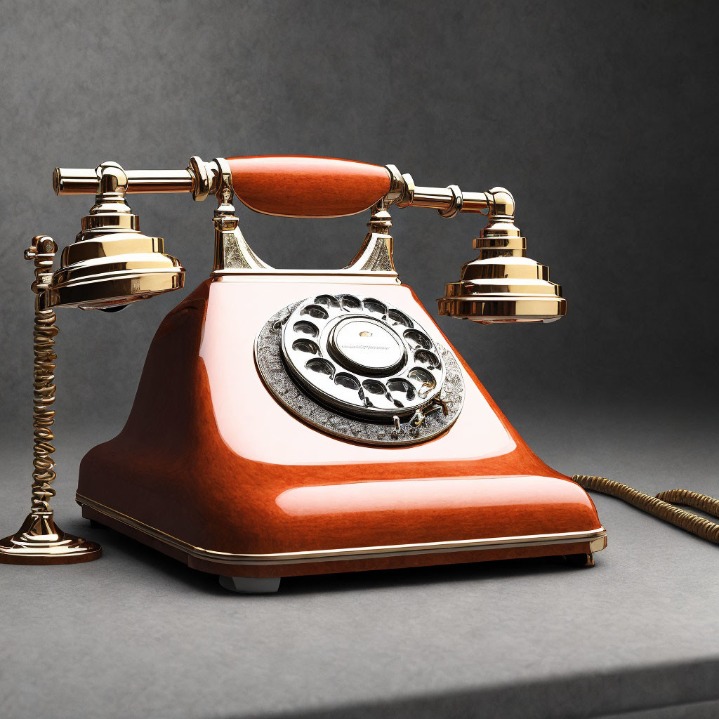 Classic Red Rotary Dial Telephone with Gold Accents on Gray Background