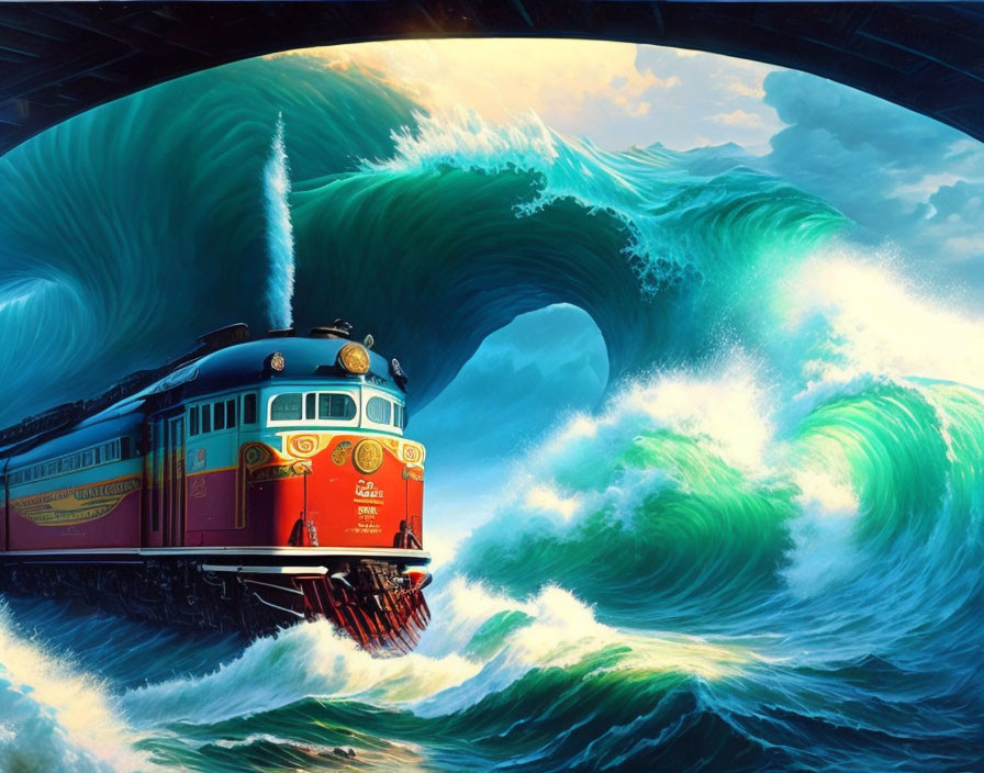 Train emerging from tunnel onto bridge over swirling ocean waves under dramatic sky