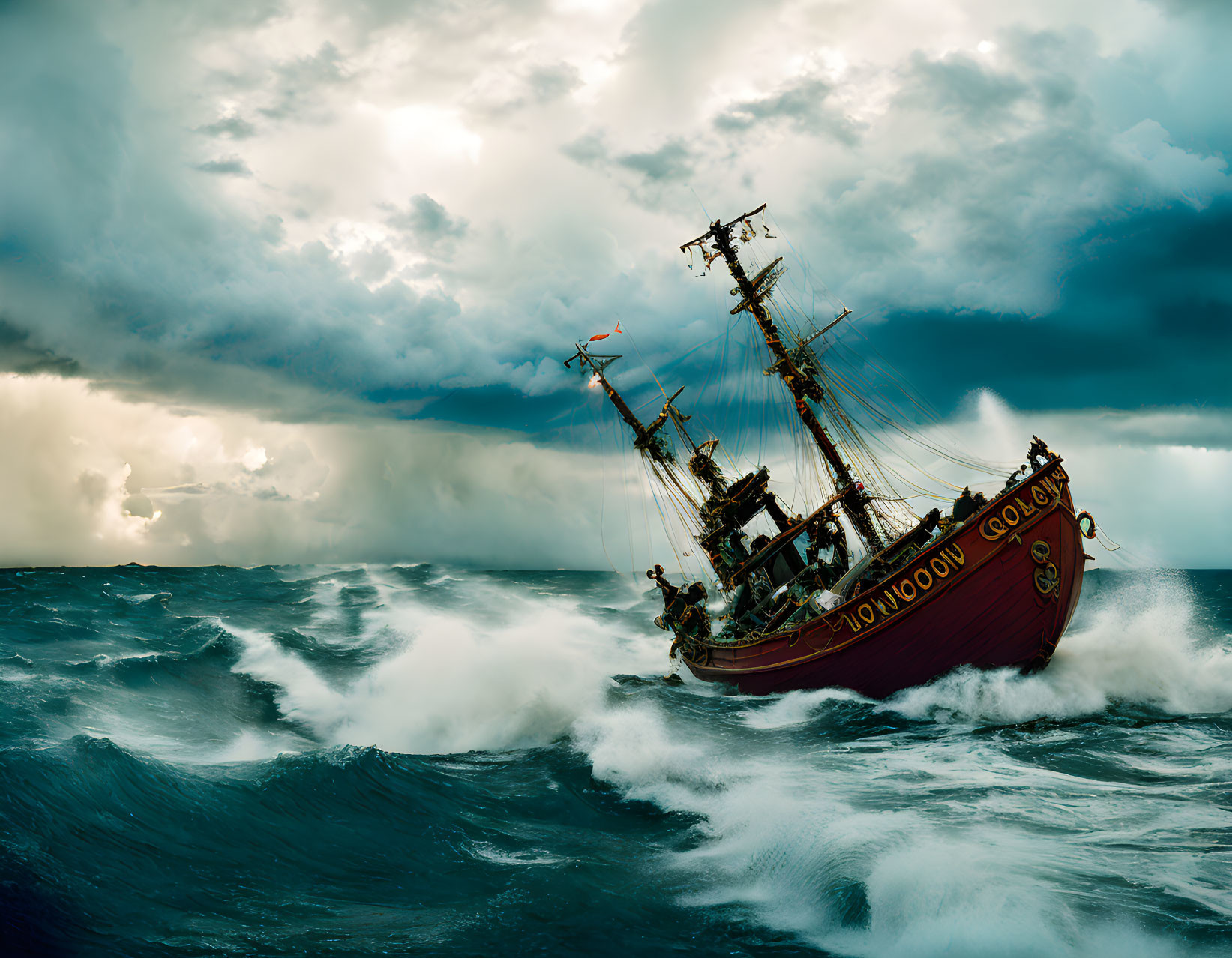 Red-sailed ship navigating stormy seas under dramatic sky