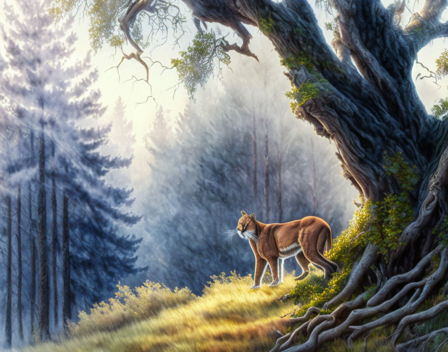 Majestic mountain lion in serene forest scene