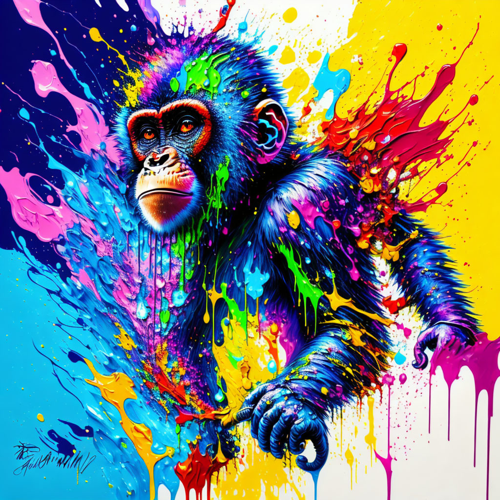 Colorful Abstract Monkey Painting with Neon Splashes