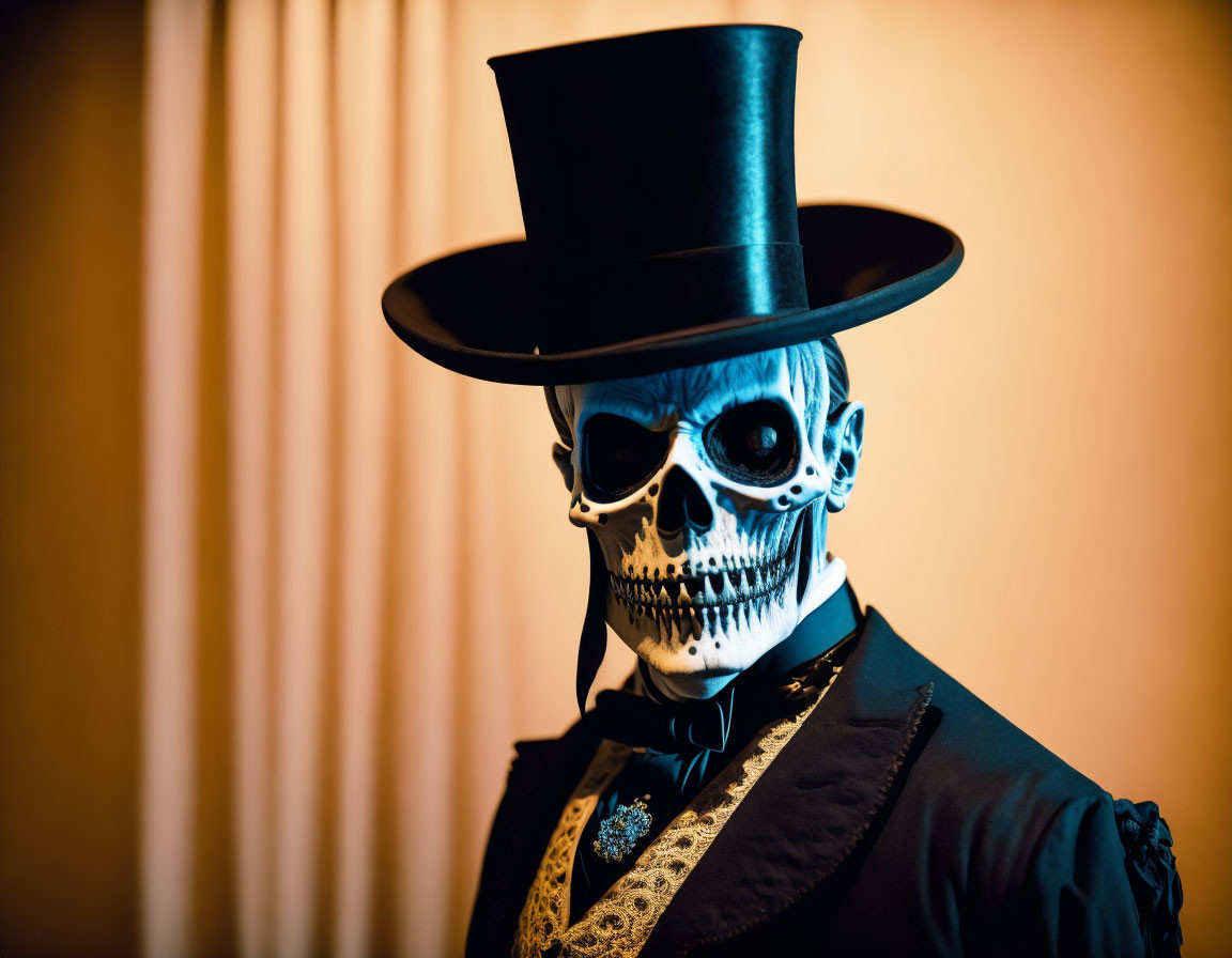 Vintage-themed person in skull mask and top hat, formal attire, warm-toned backdrop