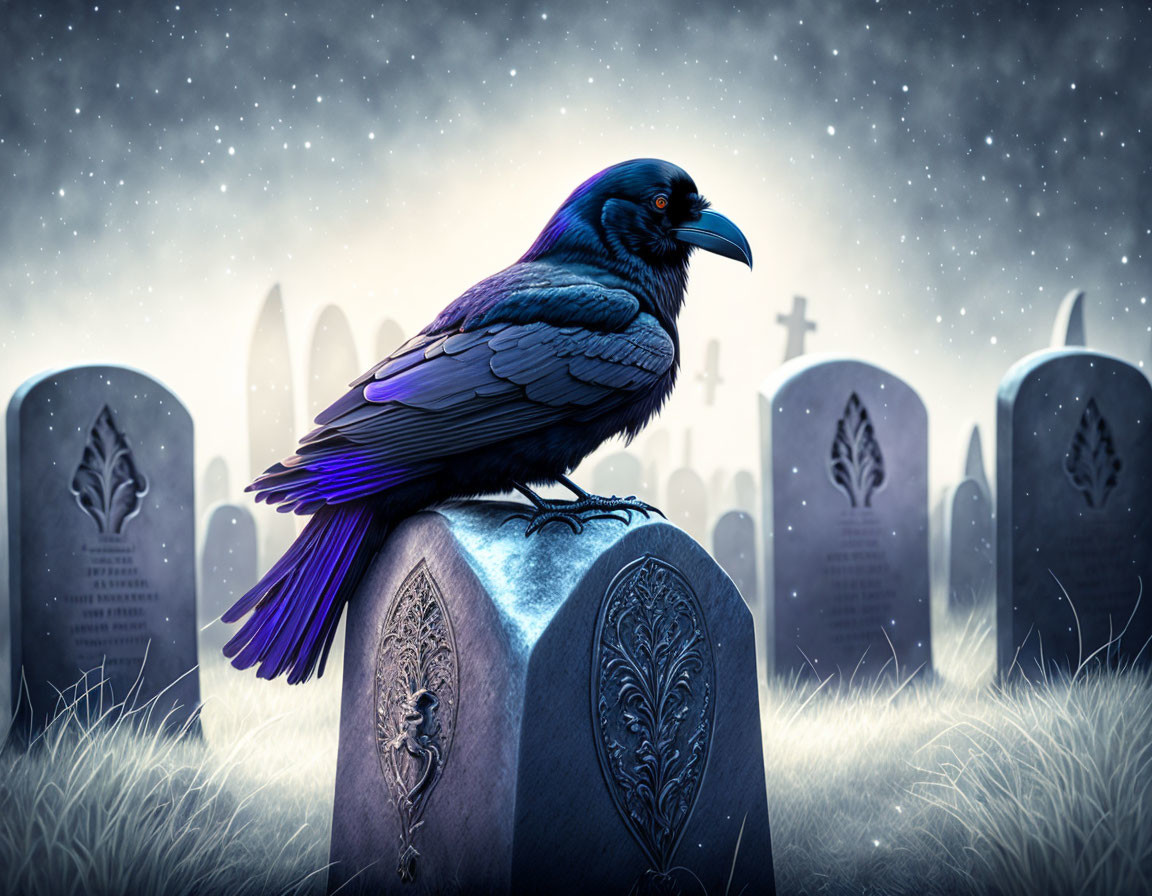 Blue raven on stone in foggy cemetery with ornate headstones