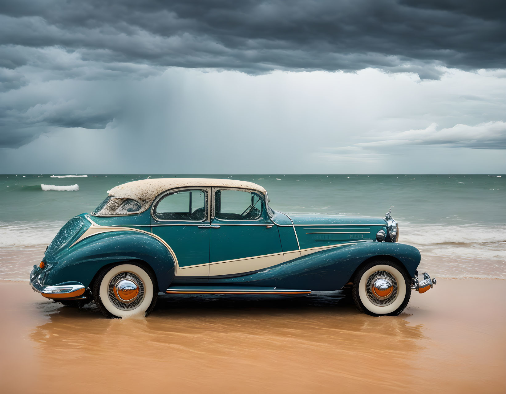 Classic Car on Beach with Stormy Sky & Ocean