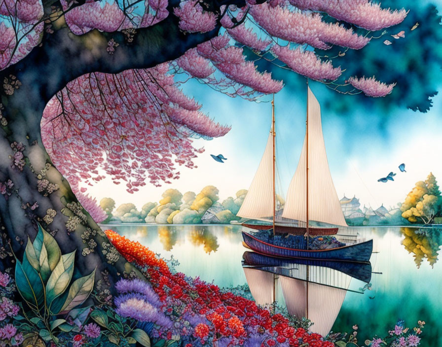 Colorful river scene with sailboats, cherry blossoms, flowers, birds, and pagodas