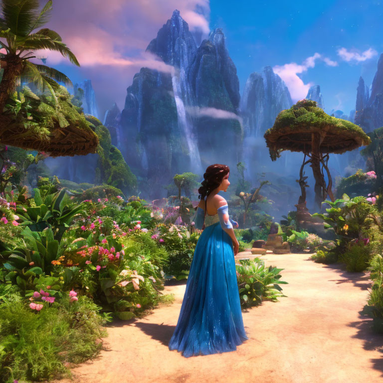 Woman in Blue Dress Stands in Enchanting Garden