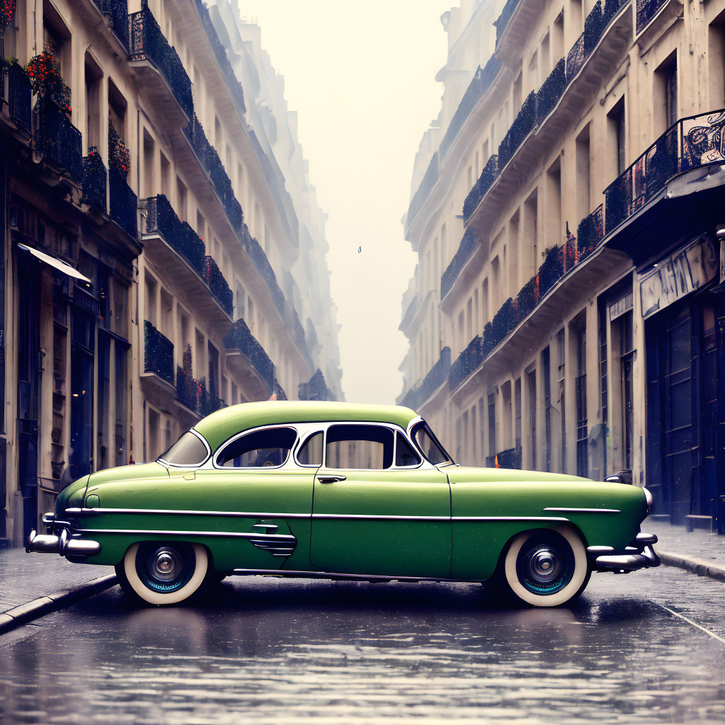 Vintage Green Car Parked on Misty European Street