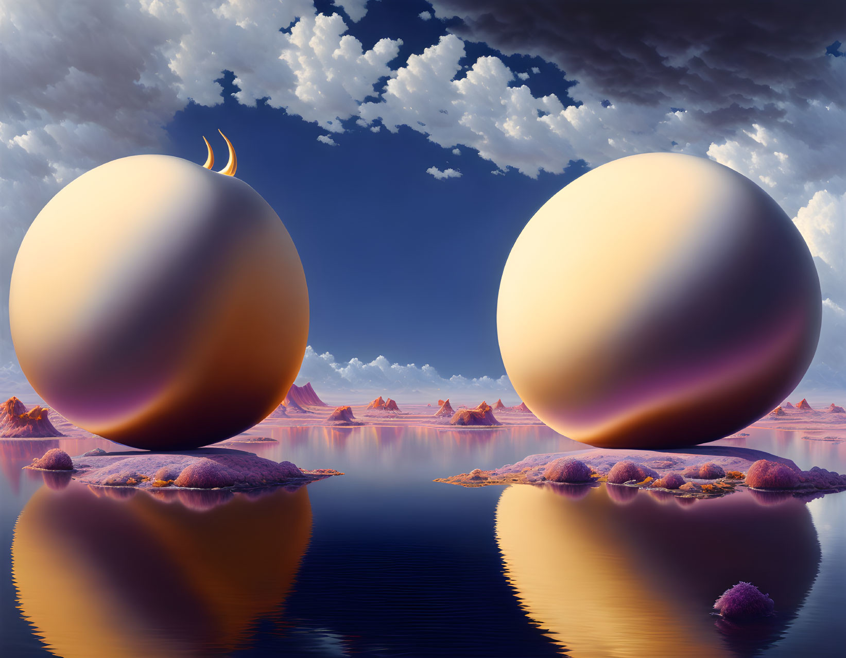 Surreal large spheres reflecting on tranquil water with dramatic sky