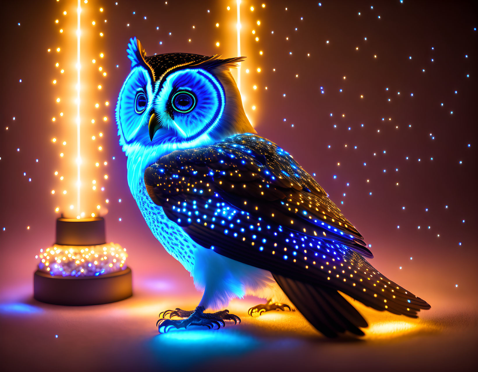 Digitally created owl with illuminated star pattern perched in starlit setting