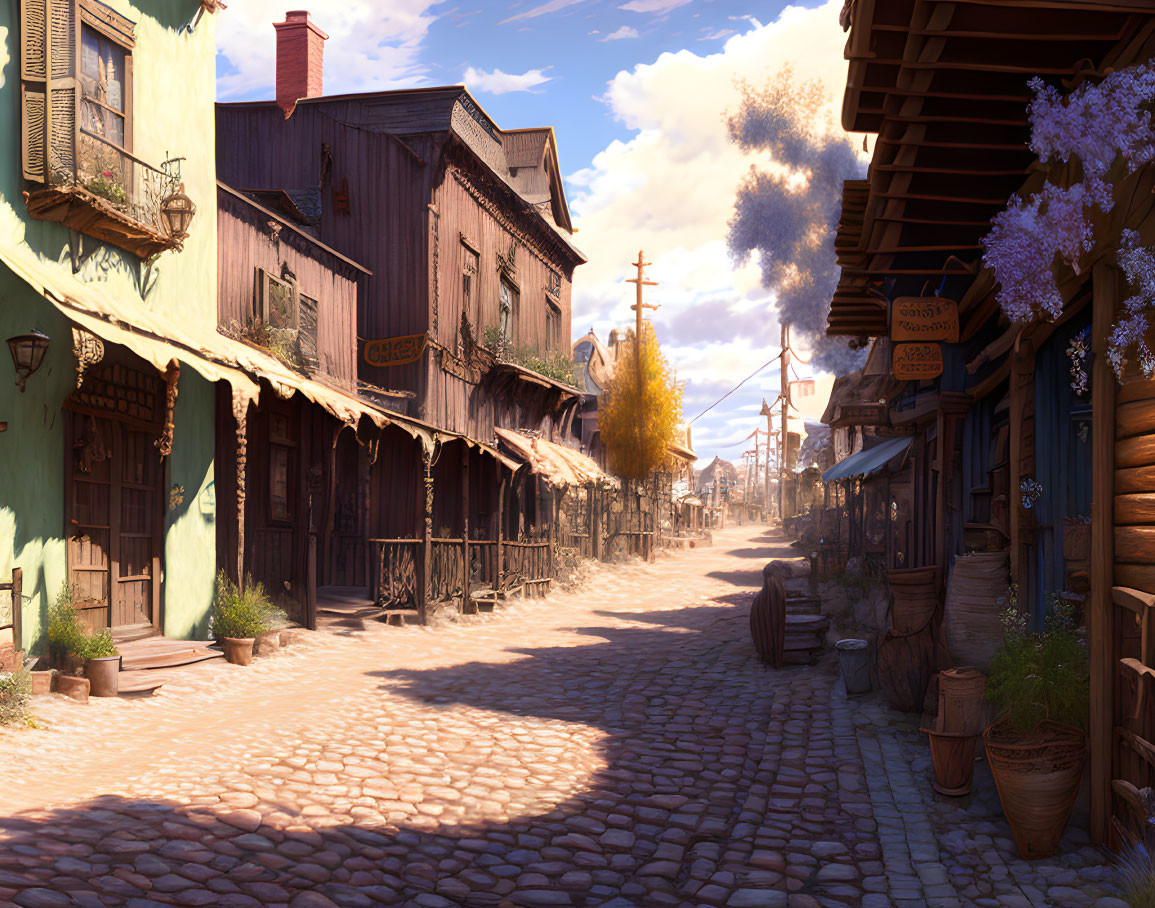 Sunlit Old-Fashioned Town Street with Cobblestones