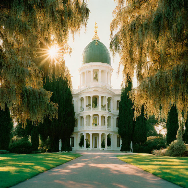 Lush trees surround grand white building with green dome and golden ornament