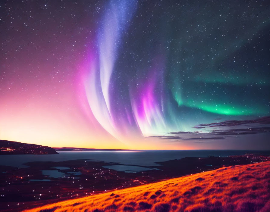 Colorful Aurora Borealis above Coastal Landscape at Twilight