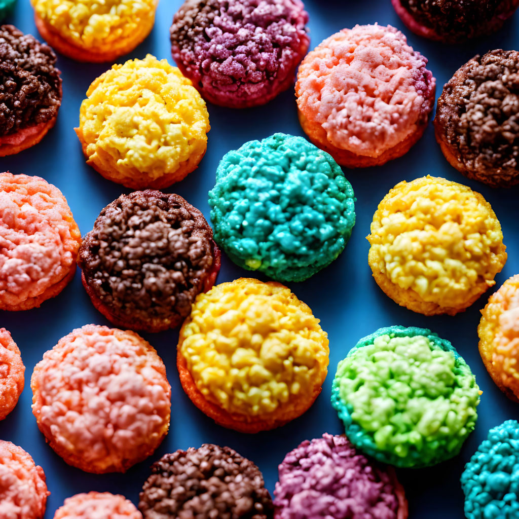 Assorted Macarons in Various Colors on Blue Background