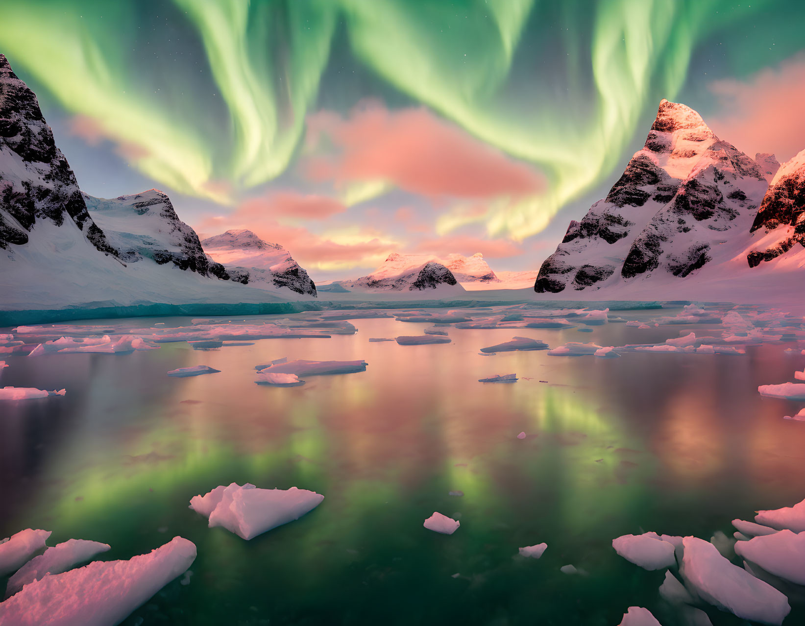 Auroras illuminate icy waters and snow-capped peaks