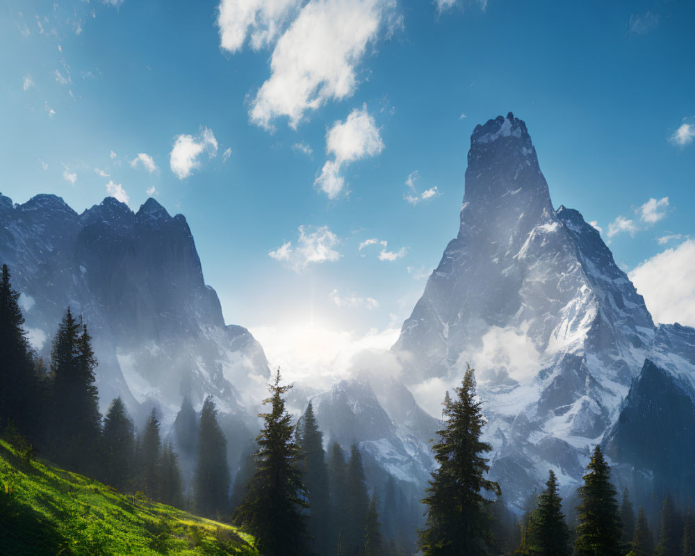 Majestic mountain peak above forested valley with sun glow