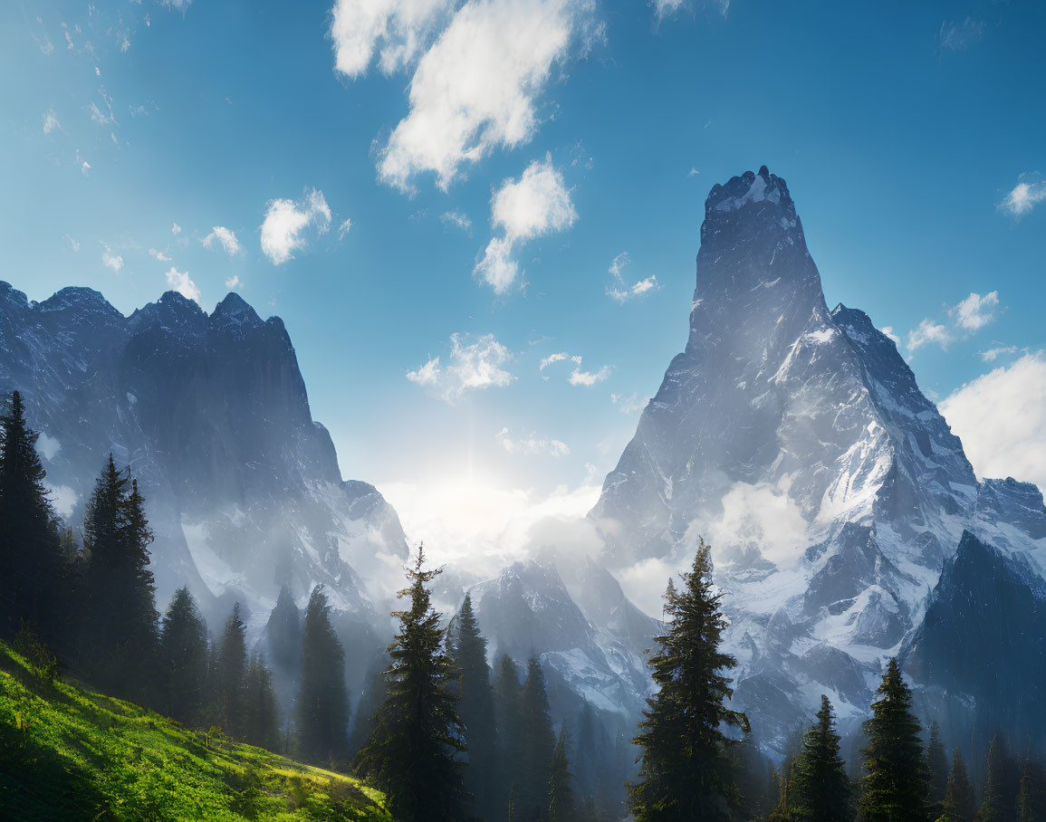 Majestic mountain peak above forested valley with sun glow