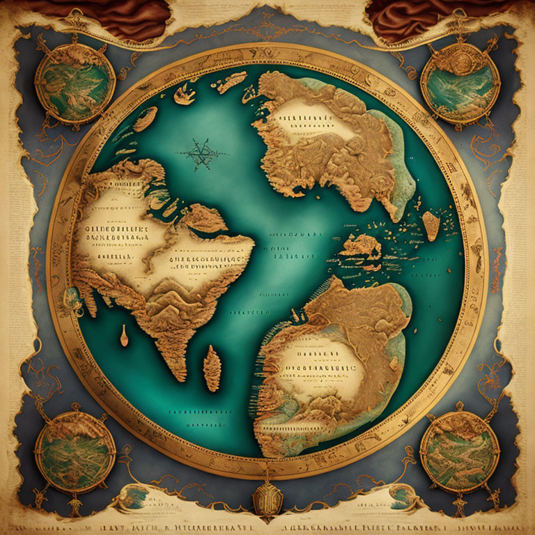 Vintage-style fantasy map with decorative borders and fictional continents in ornate design