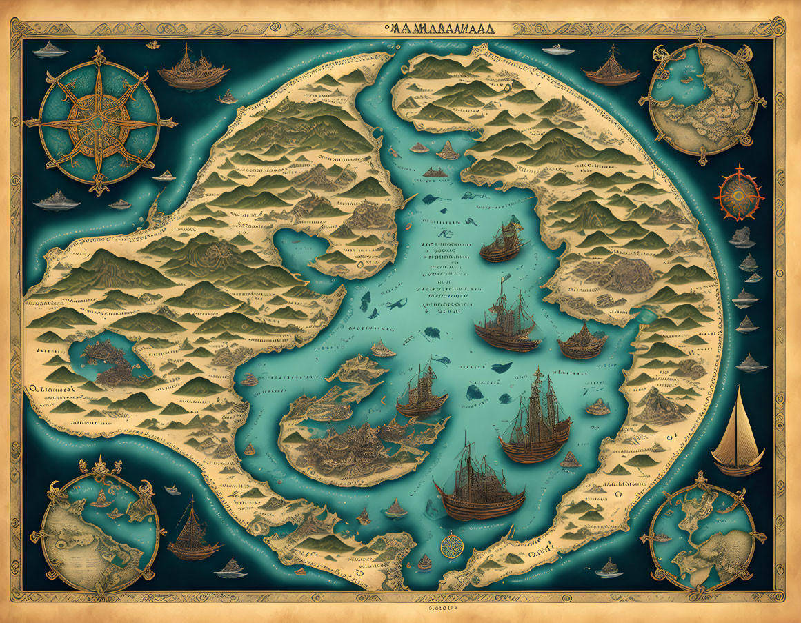 Vintage-style fantasy map of lush, mountainous island with decorative compass roses, ships, sea creatures,