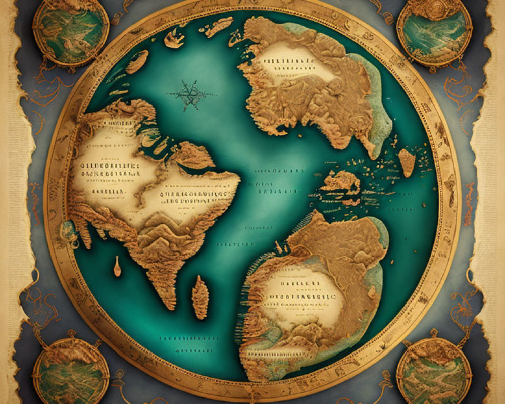 Vintage-style fantasy map with decorative borders and fictional continents in ornate design