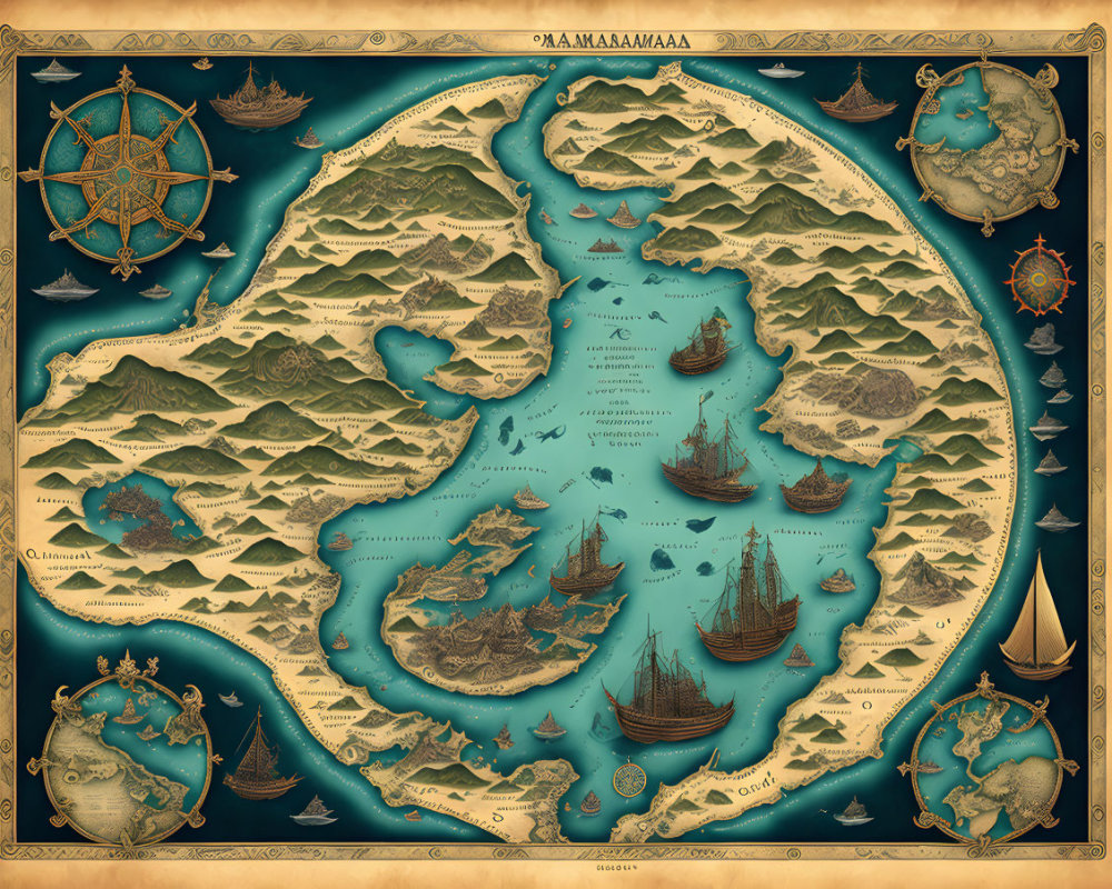 Vintage-style fantasy map of lush, mountainous island with decorative compass roses, ships, sea creatures,