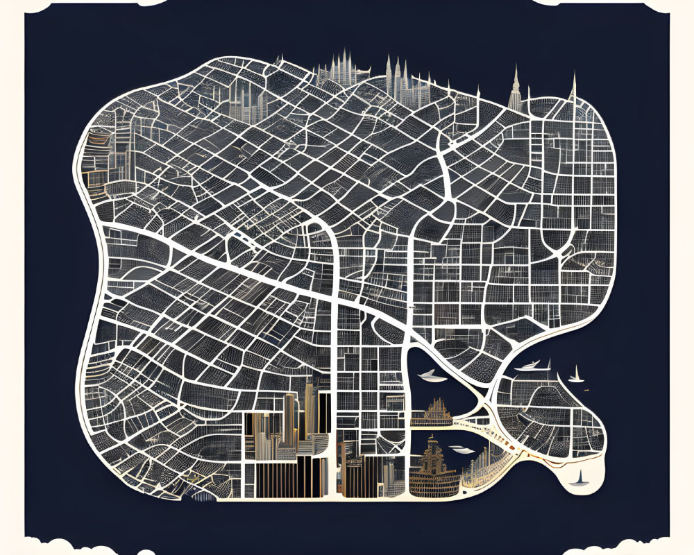 Detailed Gold and White City Map Illustration on Navy Background