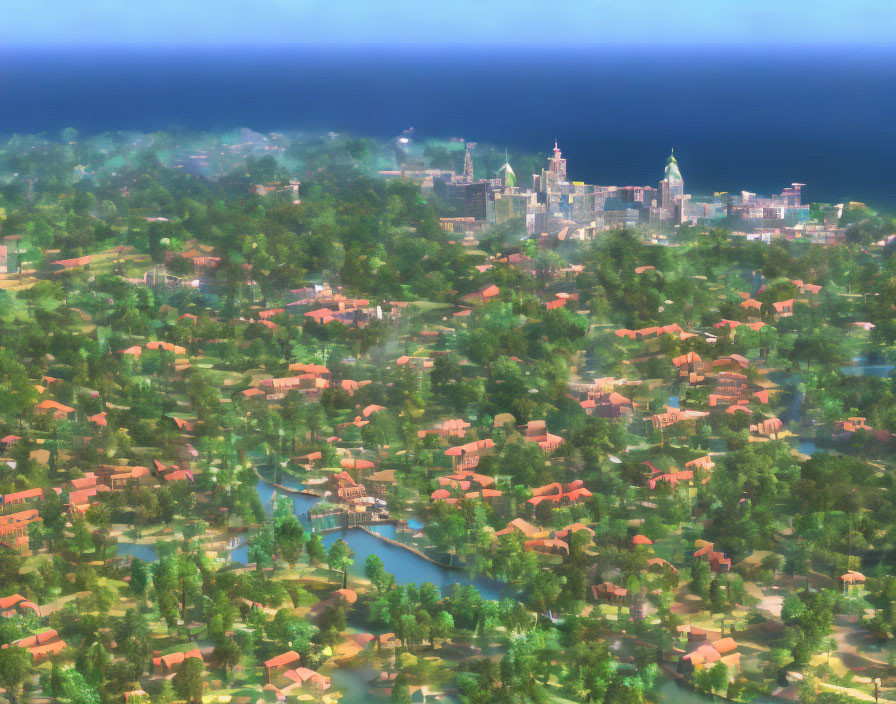 Lush cityscape with trees, houses, waterways, and tall buildings under hazy sky