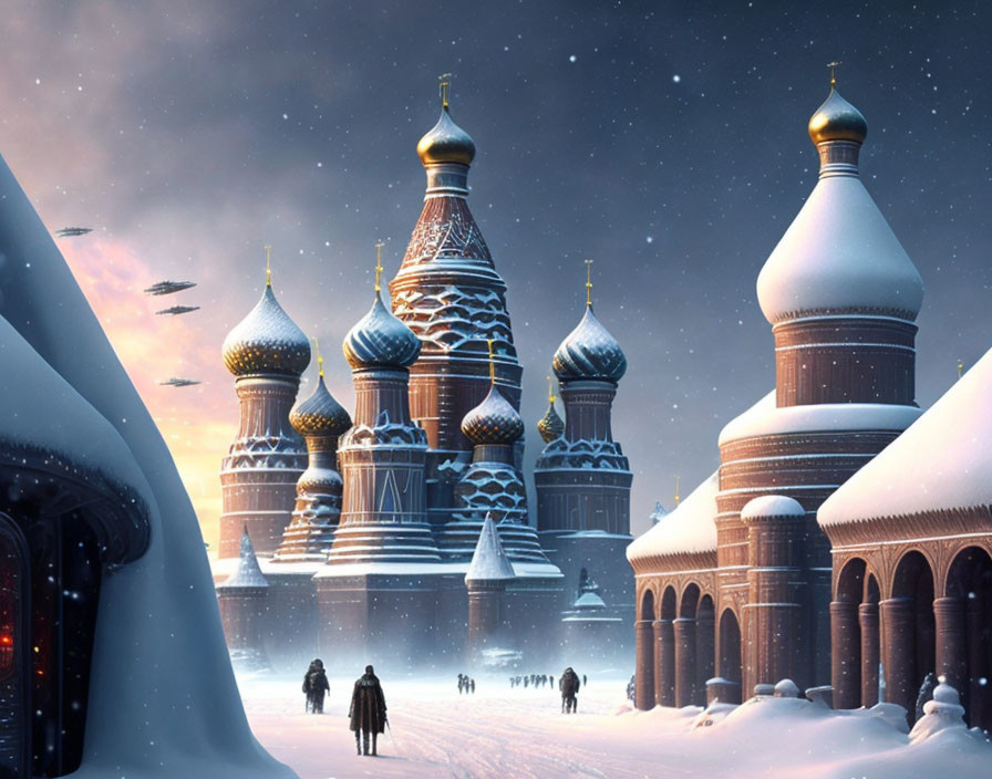 Snow-covered fantasy winter scene with ornate onion-domed towers, walking people, and flying ships at